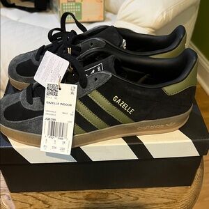adidas Gazelle Indoor Black Suede with Olive Stripes